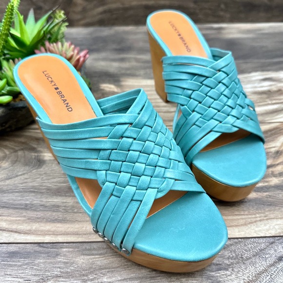 NIB Lucky Brand Tellimi 8.5M Platform Wedge Woven Leather Studded Sandals Blue - Picture 4 of 10